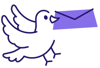 Illustration of a stylized bird carrying a purple envelope, representing email delivery, messaging, and communication.