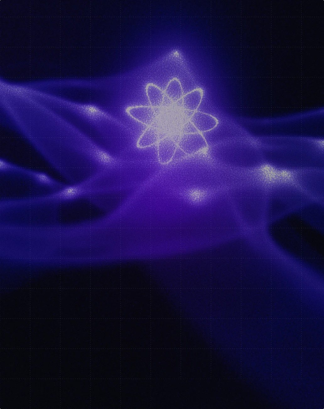 Glowing purple wave-like structures with a bright atomic symbol in the center on a dark background.