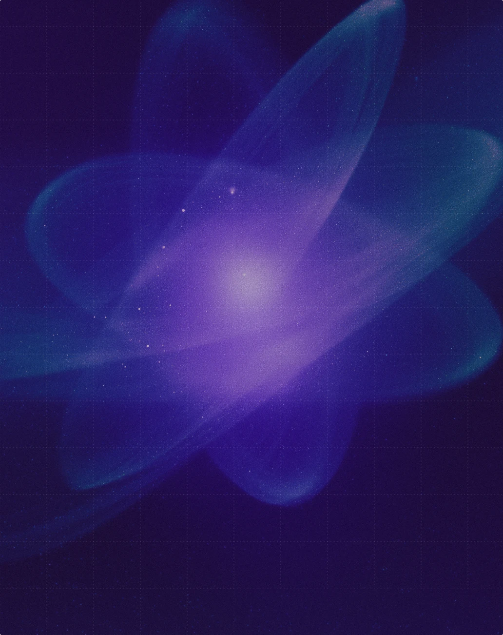 Abstract cosmic scene with swirling translucent blue and purple waves around a bright central glow resembling a galaxy or nebula.