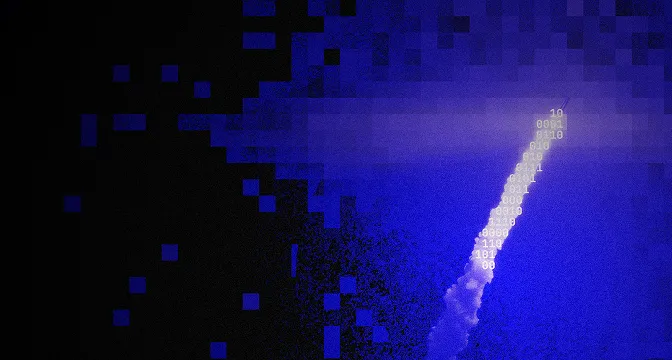 Rocket ascending into a blue night sky with digital binary code forming its smoke trail.