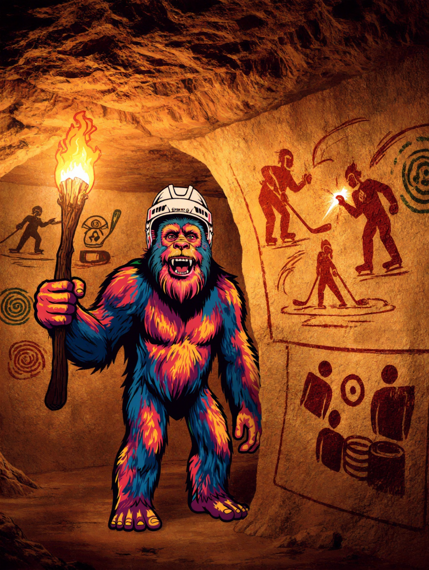 Frank holding a torch in a cave, looking at his ancestors' wall paintings