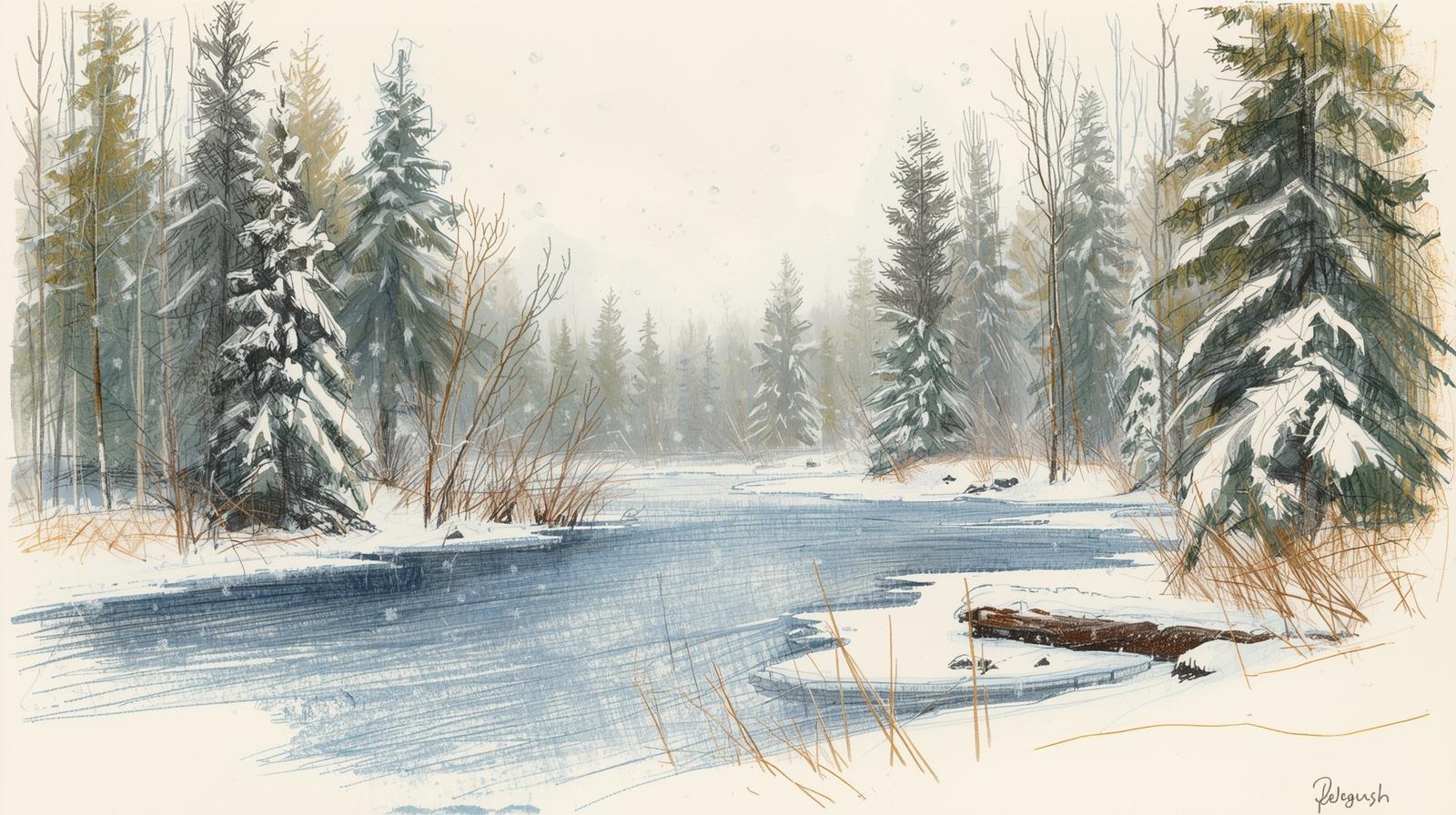 Sketch of a frozen pond surrounded by snowy pine trees