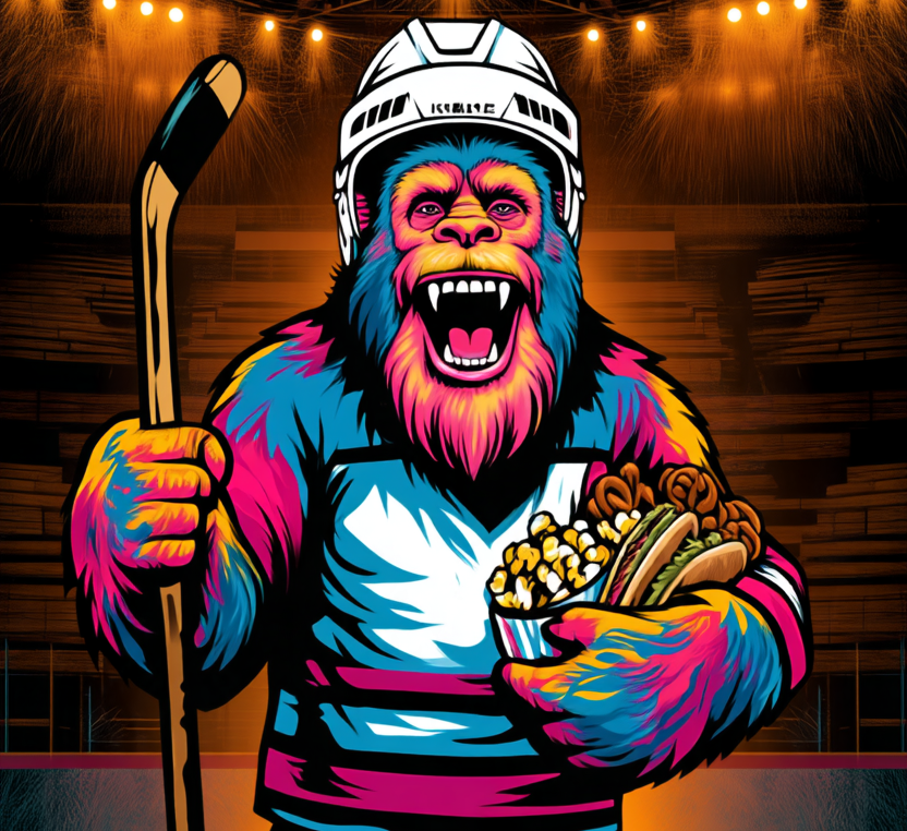 Frank in a hockey jersey at the arena, holding a stick and an armful of snacks