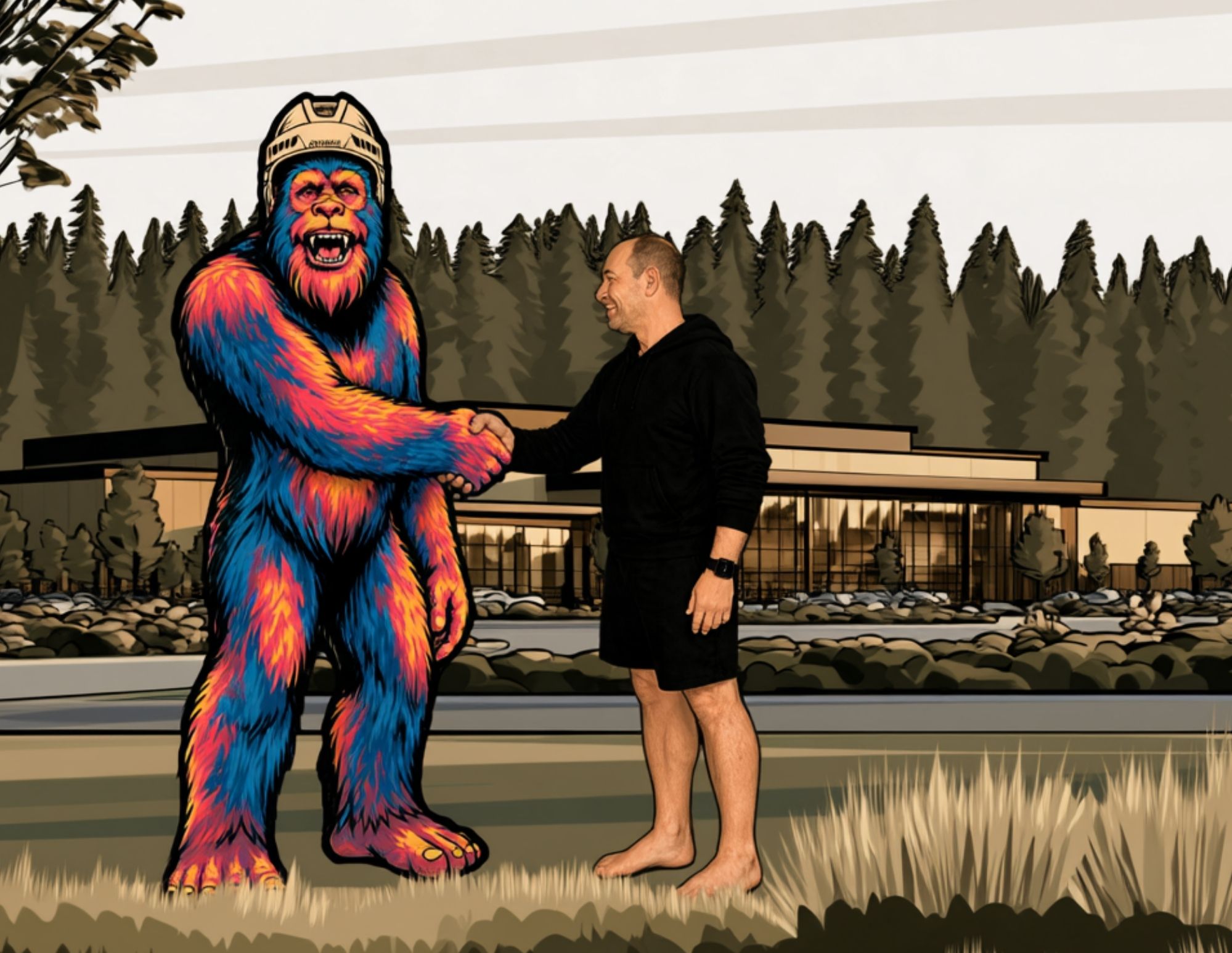 Frank the Sasquatch shaking hands with Pierre outside a rink