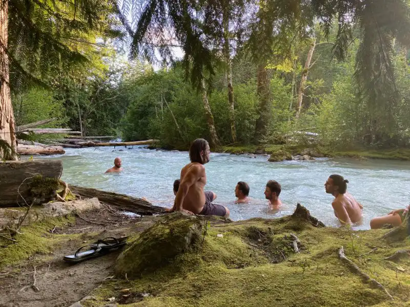 A group of people swimming in a forrest