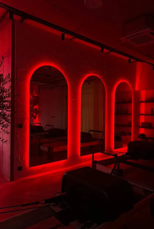a room with red lights