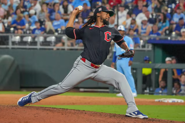 Emmanuel Clase delivers a pitch for the Cleveland Guardians during an MLB game before his 2025 suspension.