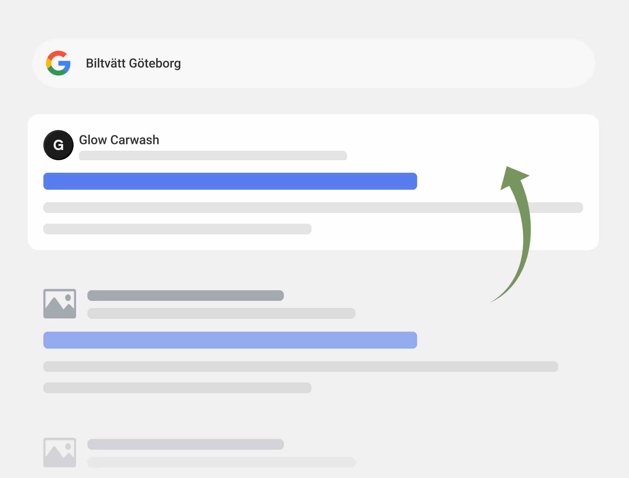 Google-sökning som visar företag i topposition resultat av effektiv lokal SEO