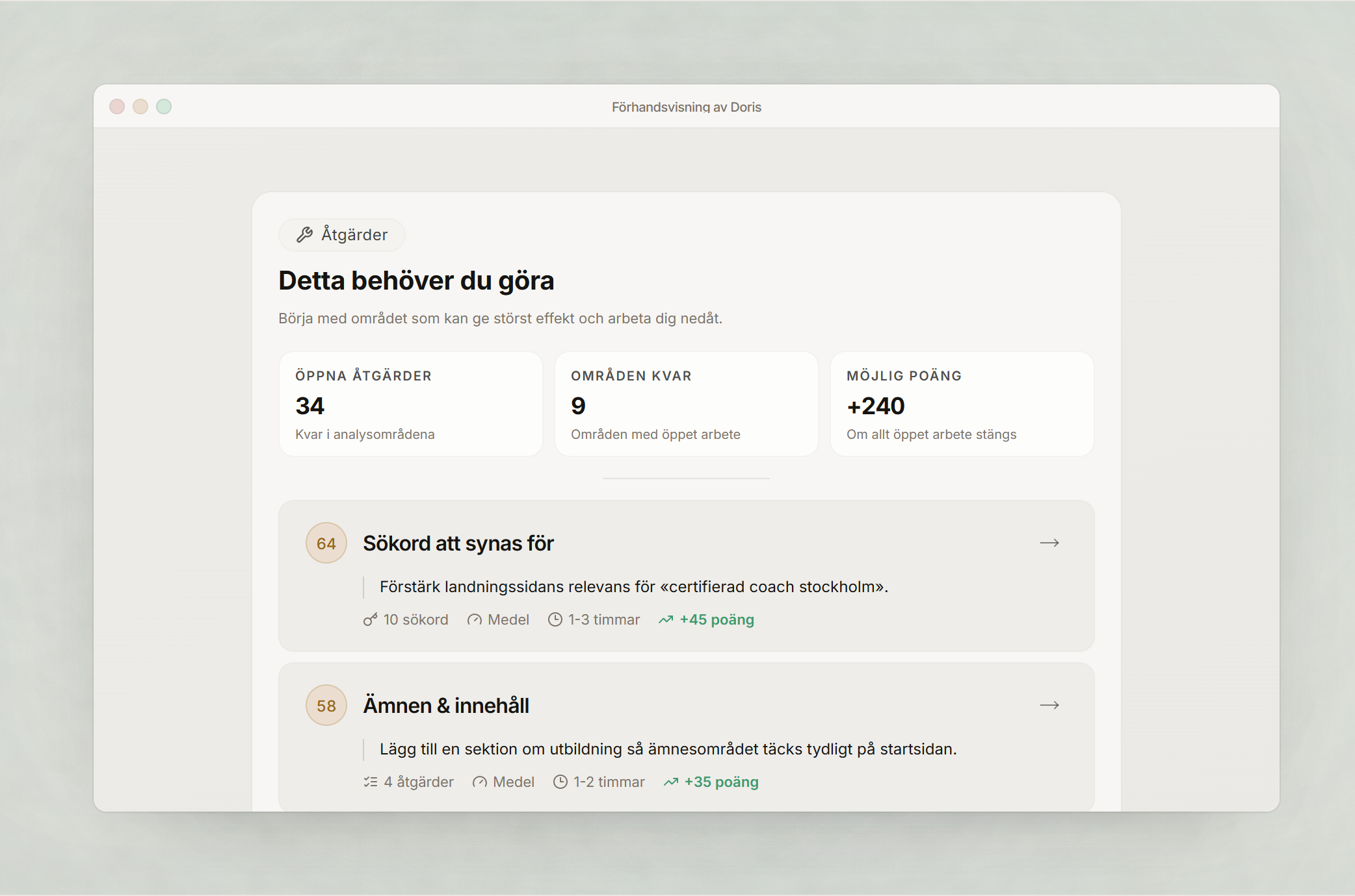Doris workshop med konkreta åtgärder sorterade efter effekt