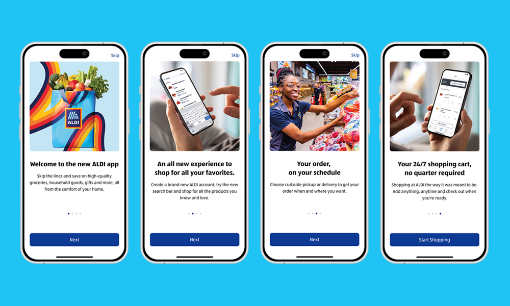 ALDI mobile app welcome screens.