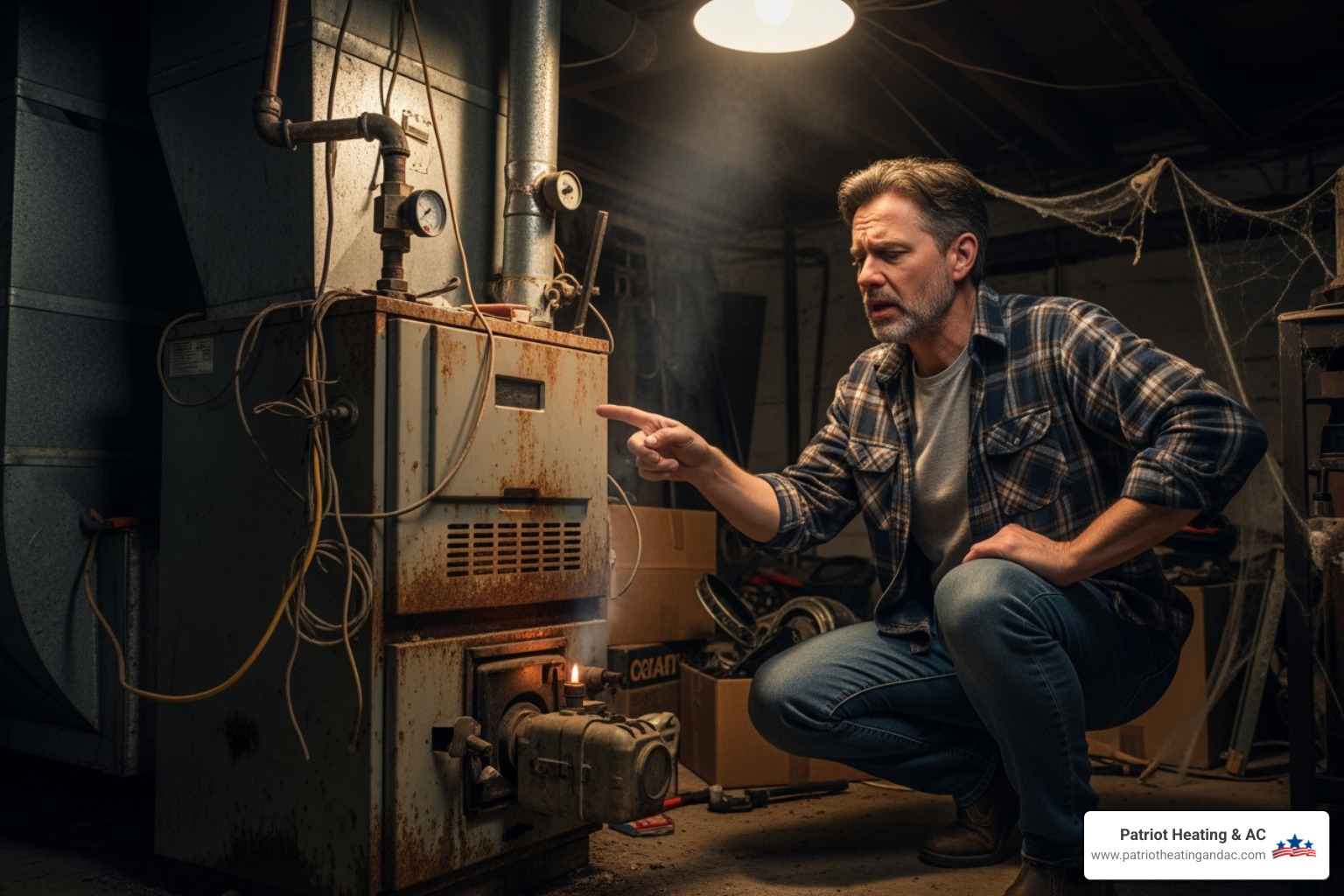 homeowner looking concerned at an old, noisy furnace - furnace installation overland park