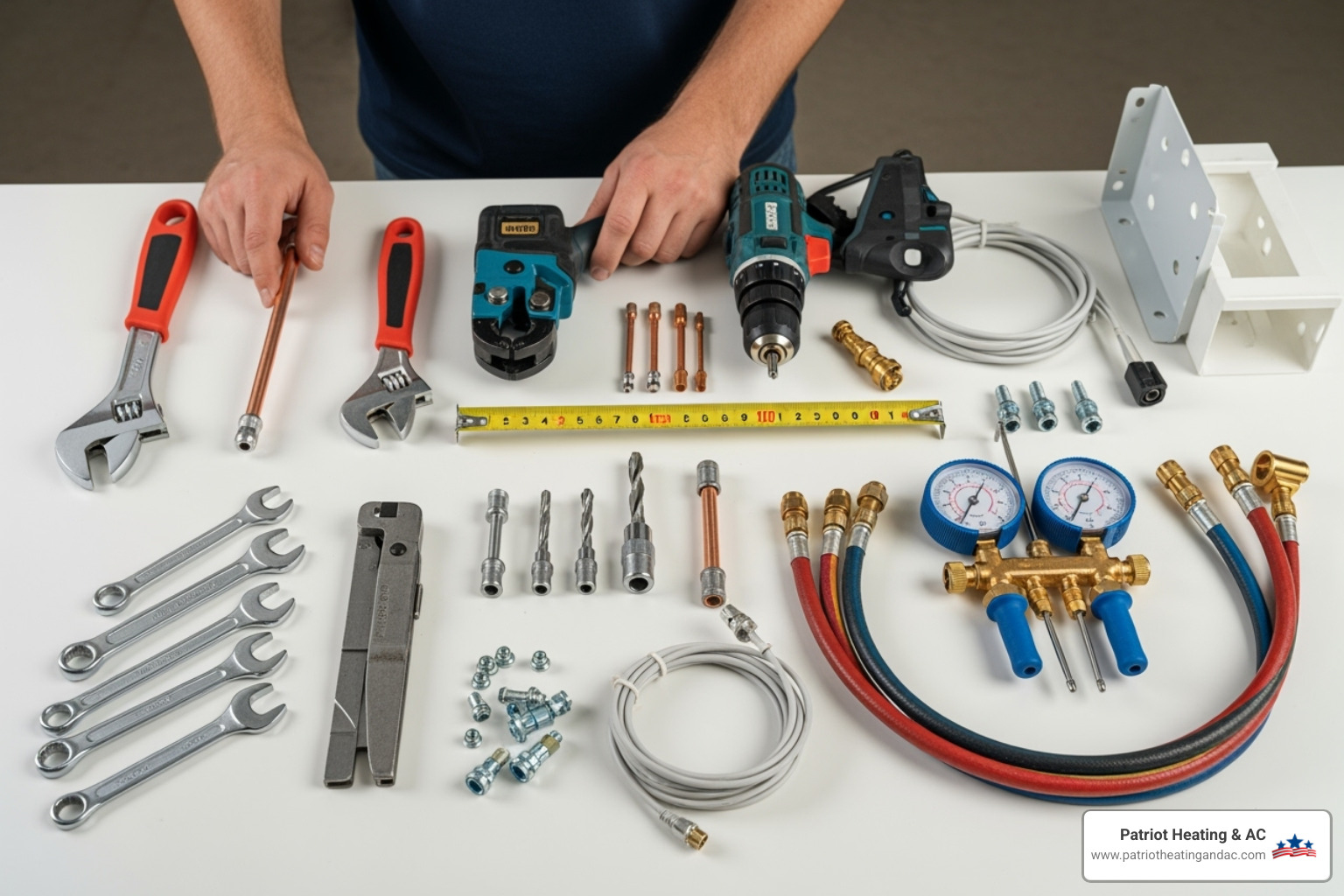 person laying out all the tools and parts before starting the installation - Mini split installation
