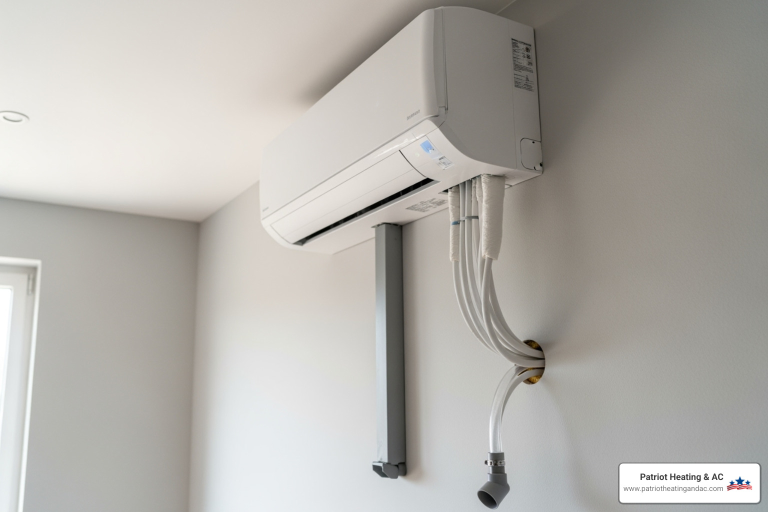 Image showing the ideal placement for an indoor unit high on an exterior wall with lines going through the wall - Mini split installation