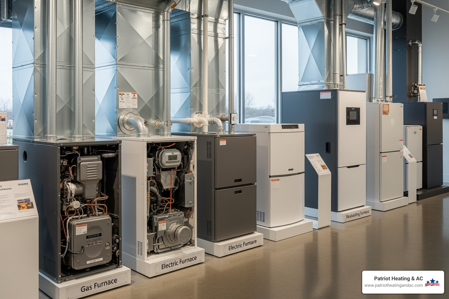 Different types of modern furnaces with varying designs and sizes, showcasing gas, electric, and modulating models - heating installation Overland Park