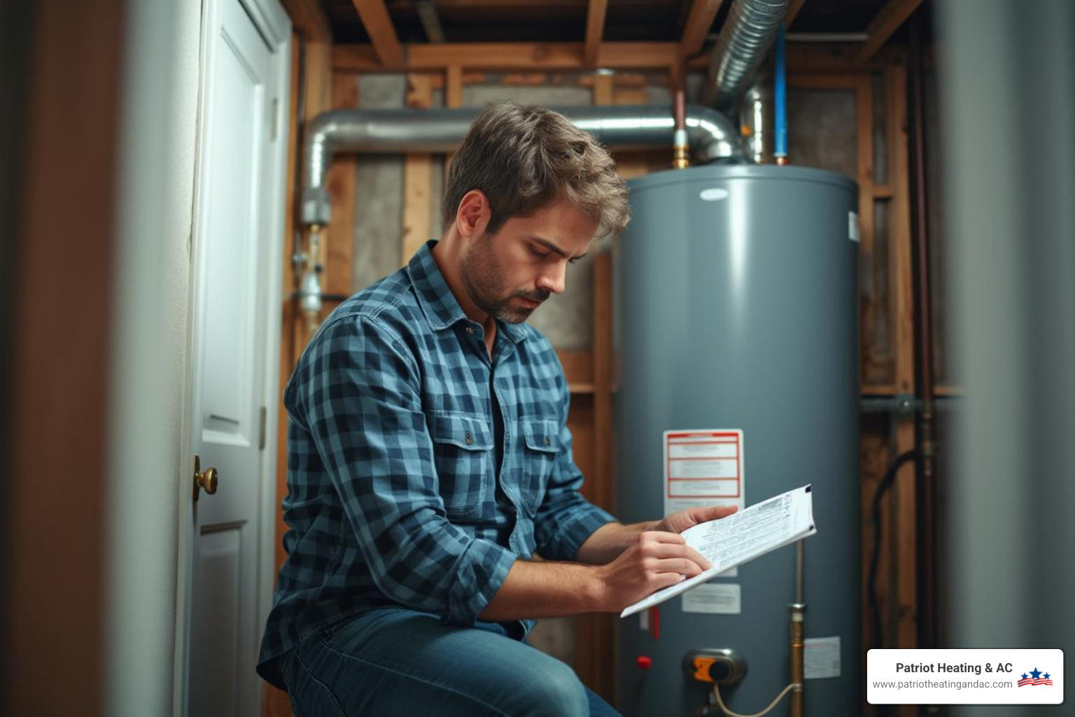 homeowner inspecting water heater with checklist - water heater annual service