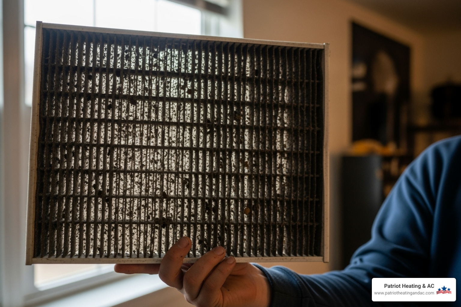 homeowner inspecting dirty HVAC filter - Air duct cleaning Kansas