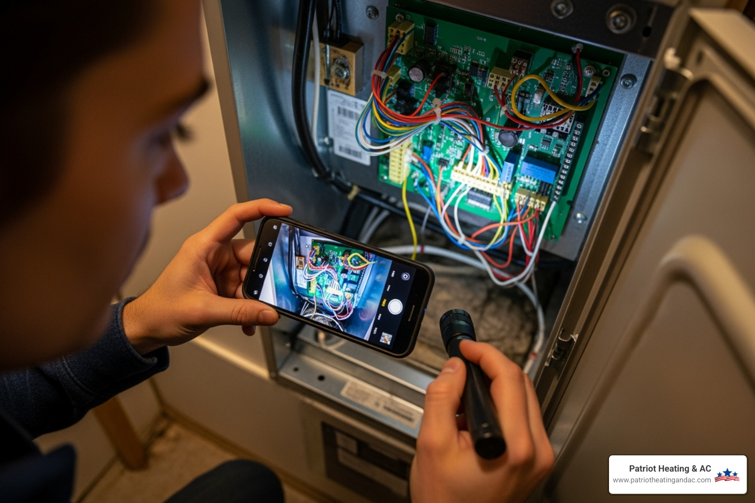 homeowner photographing wiring on furnace circuit board - furnace circuit board repair homeowner photographing wiring on furnace circuit board - furnace circuit board repair