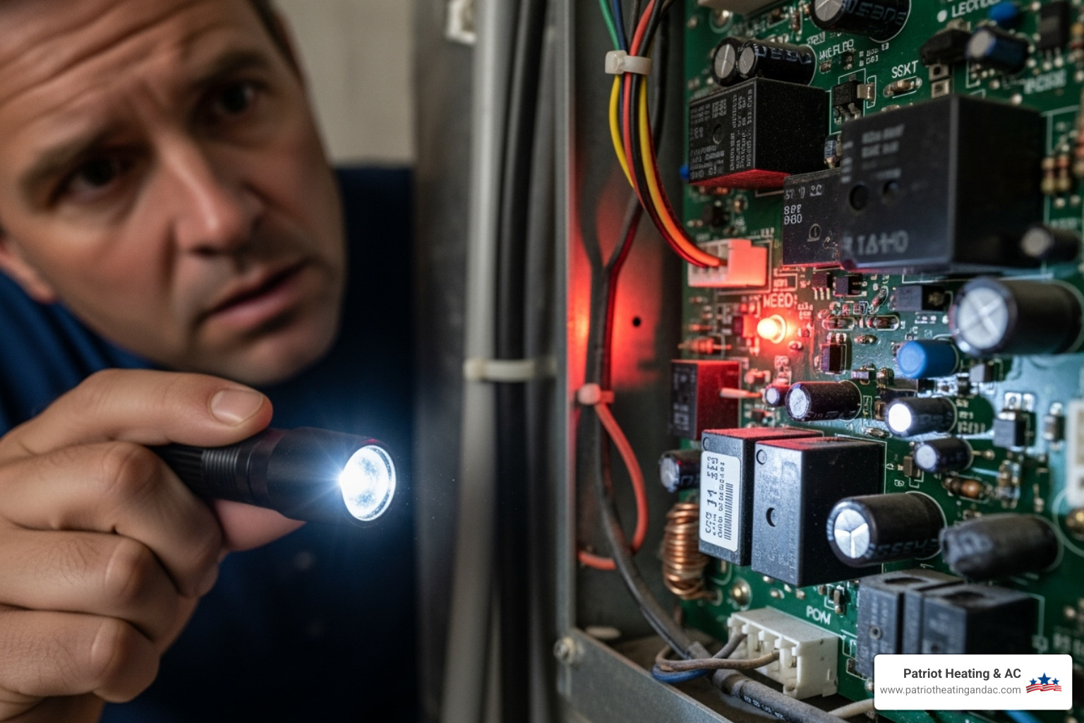 homeowner checking LED diagnostic light on furnace - furnace circuit board repair homeowner checking LED diagnostic light on furnace - furnace circuit board repair