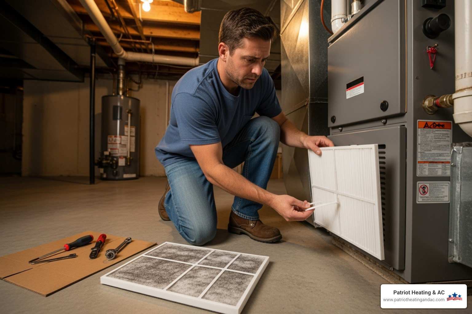 Homeowner changing an air filter - Preventative HVAC maintenance