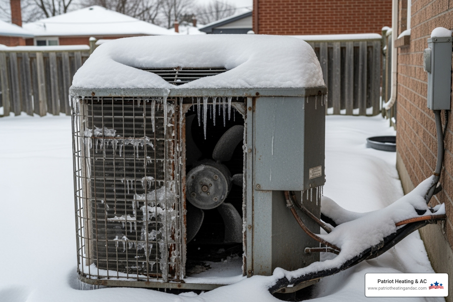Broken-down, frozen-over outdoor AC unit - Preventative HVAC maintenance