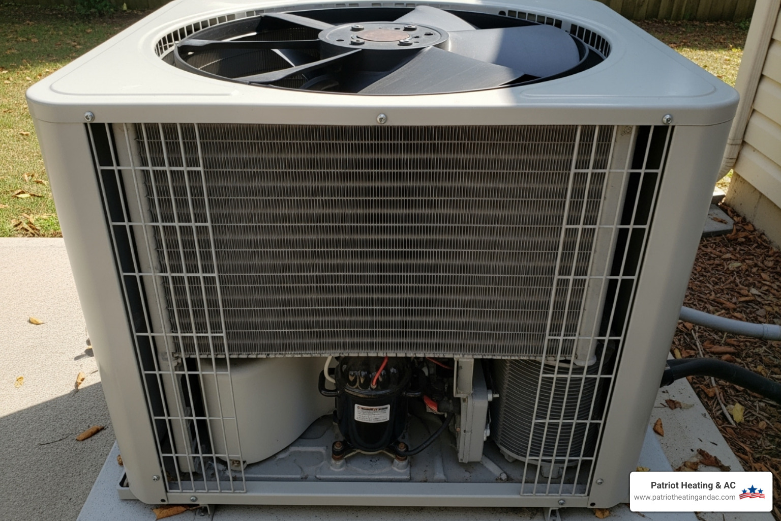 AC condenser unit with labels on key parts - Home HVAC inspection