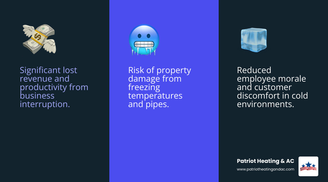 Impact of HVAC downtime on a business, including lost productivity, reduced employee morale, customer discomfort, potential property damage from freezing, and significant lost revenue due to business interruption - Heating repair Overland Park infographic 3_facts_emoji_blue