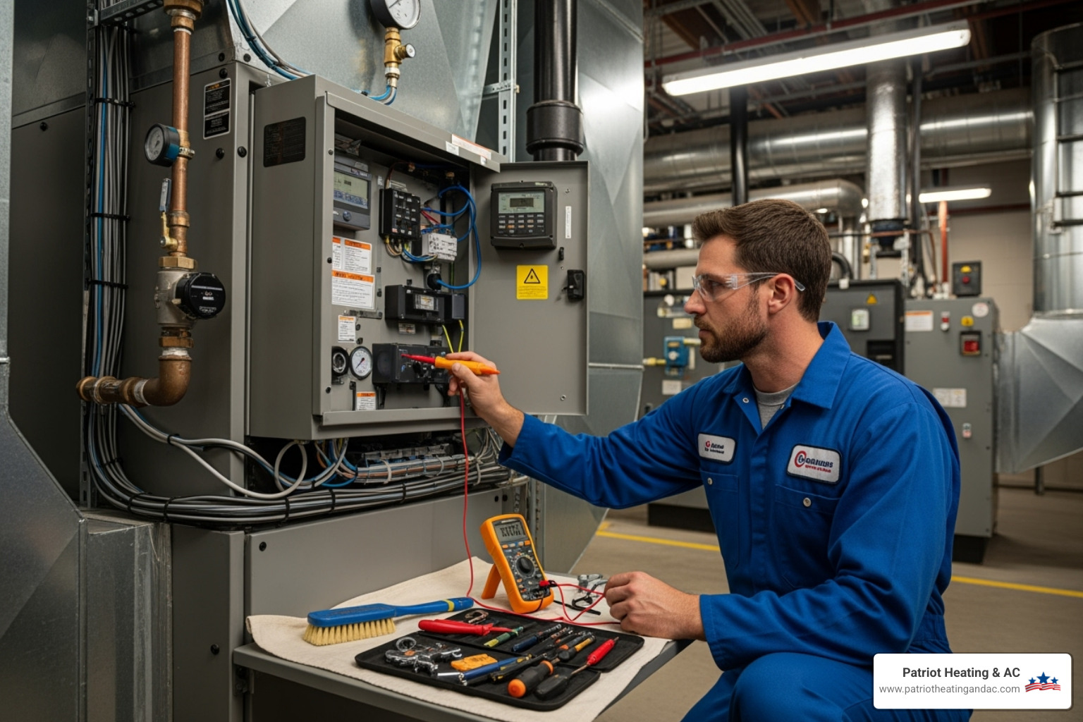 technician performing seasonal tune-up on commercial furnace - Heating repair Overland Park