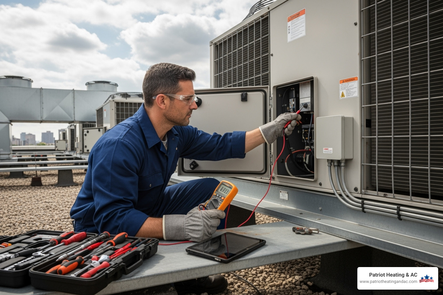 certified technician working on commercial rooftop HVAC unit - Heating repair Overland Park