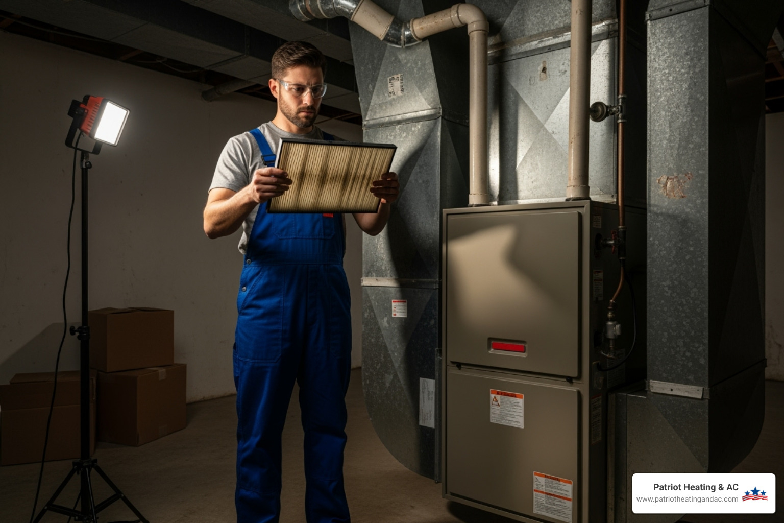of a technician inspecting a furnace filter - heating repair Overland Park