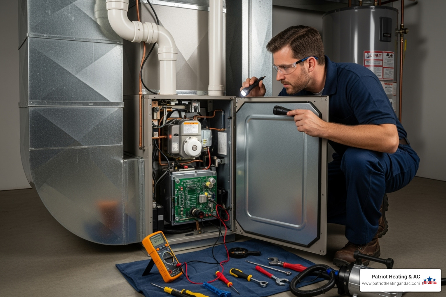 of a technician performing a furnace tune-up - heating repair Overland Park