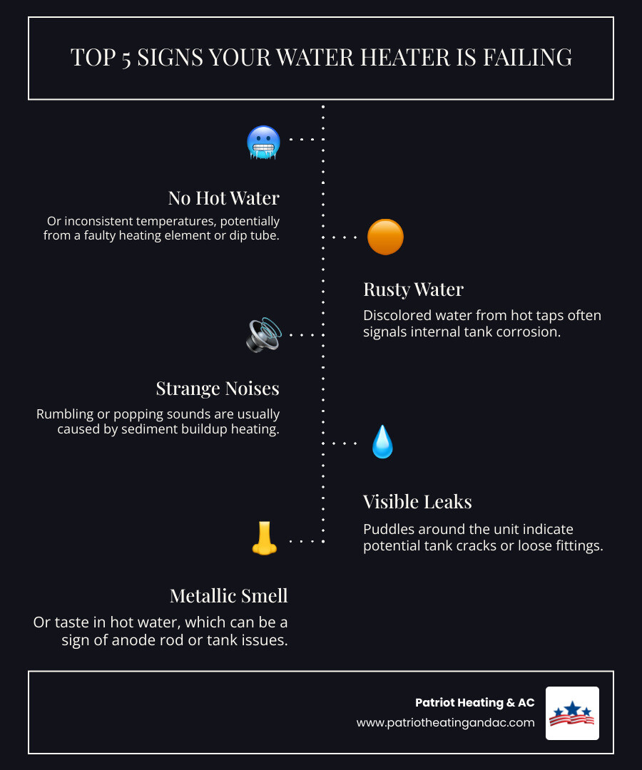 Infographic showing the top 5 signs your water heater is failing: 1) No hot water or inconsistent temperatures, 2) Rusty or discolored water from hot taps, 3) Strange noises like rumbling or popping sounds, 4) Visible leaks or puddles around the unit, 5) Metallic smell or taste in hot water - water heater repair shawnee ks infographic infographic-line-5-steps-dark