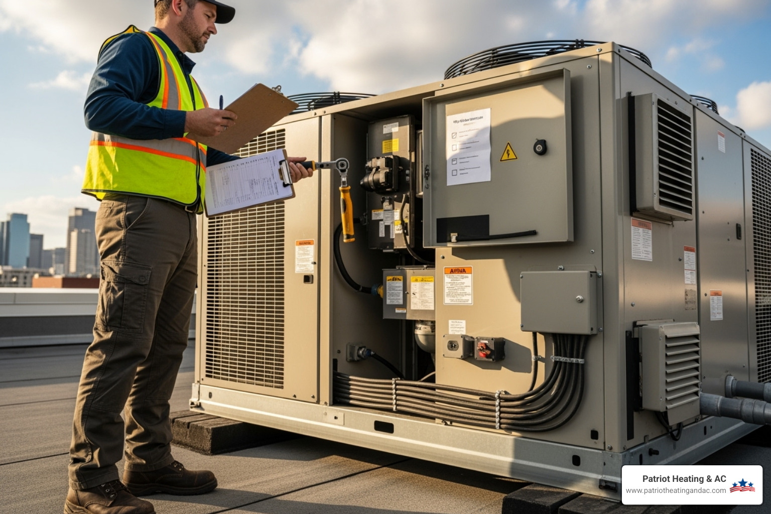 technician performing maintenance check with checklist - Commercial HVAC Kansas City technician performing maintenance check with checklist - Commercial HVAC Kansas City