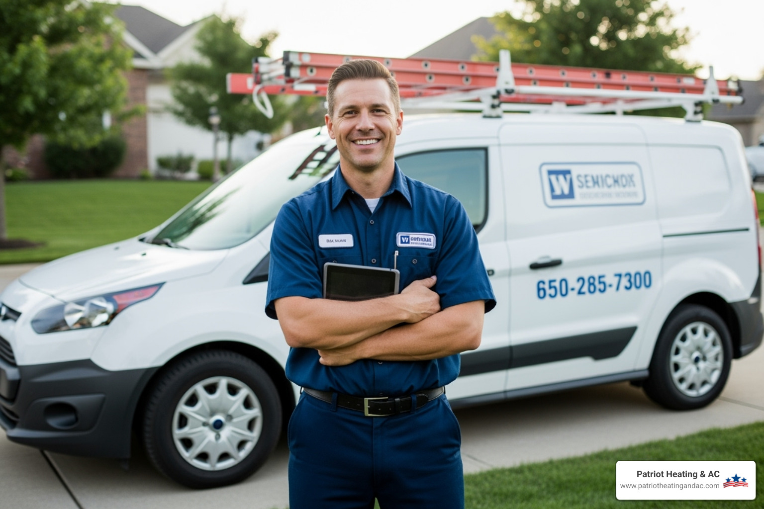 A certified Patriot Heating & AC technician smiling in front of a branded service van - ac company shawnee