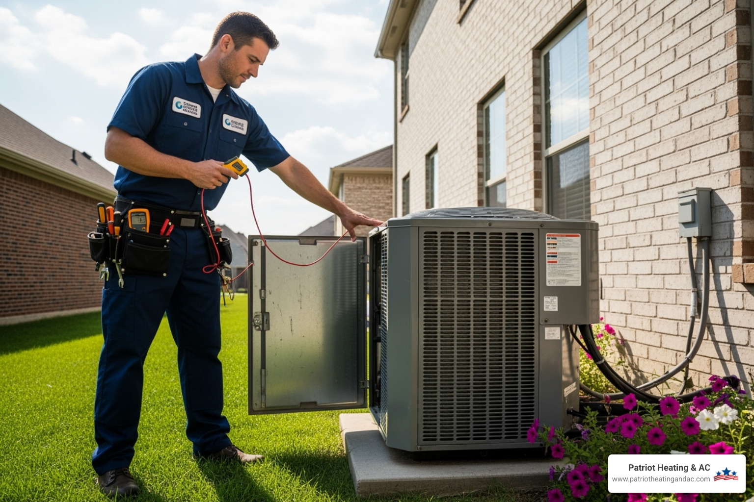 A Patriot Heating & AC technician inspecting an outdoor AC unit - ac company shawnee