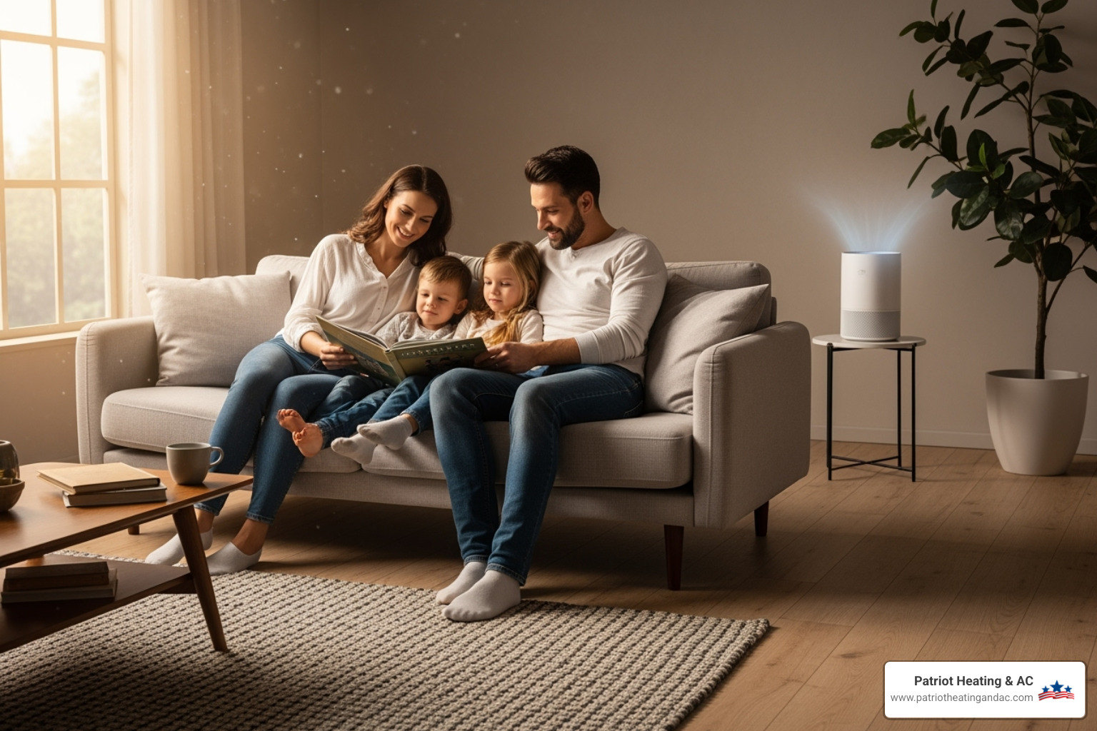 Family relaxing in a clean, comfortable living room, with natural light and a subtle air purifier in the background - Air quality Overland Park