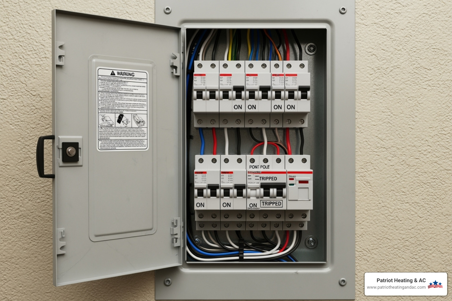 Home's circuit breaker panel with a tripped breaker highlighted - Fix air conditioner