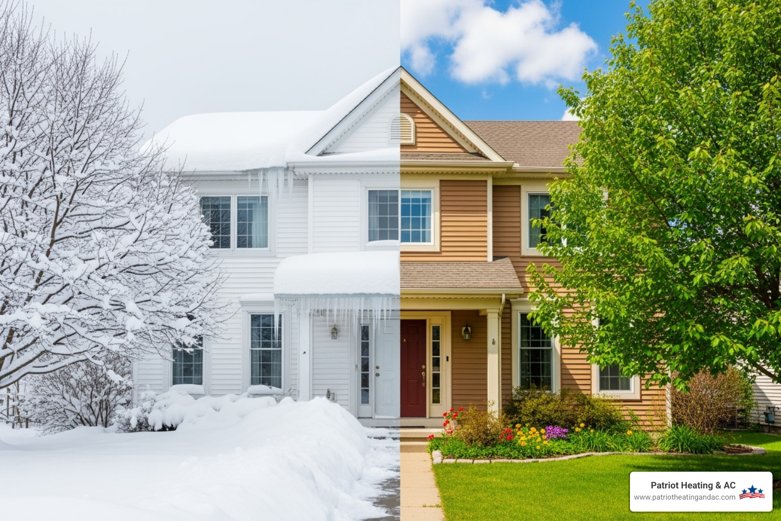 house with snow on the roof in winter and another of the same house on a bright, sunny summer day - HVAC Leawood KS