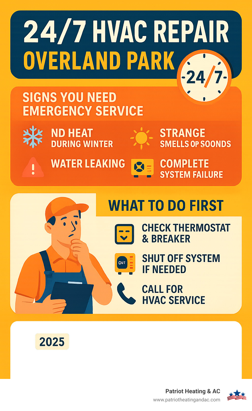 Emergency HVAC repair signs and response steps for Overland Park homeowners during system failures - 24/7 hvac repair overland park infographic 