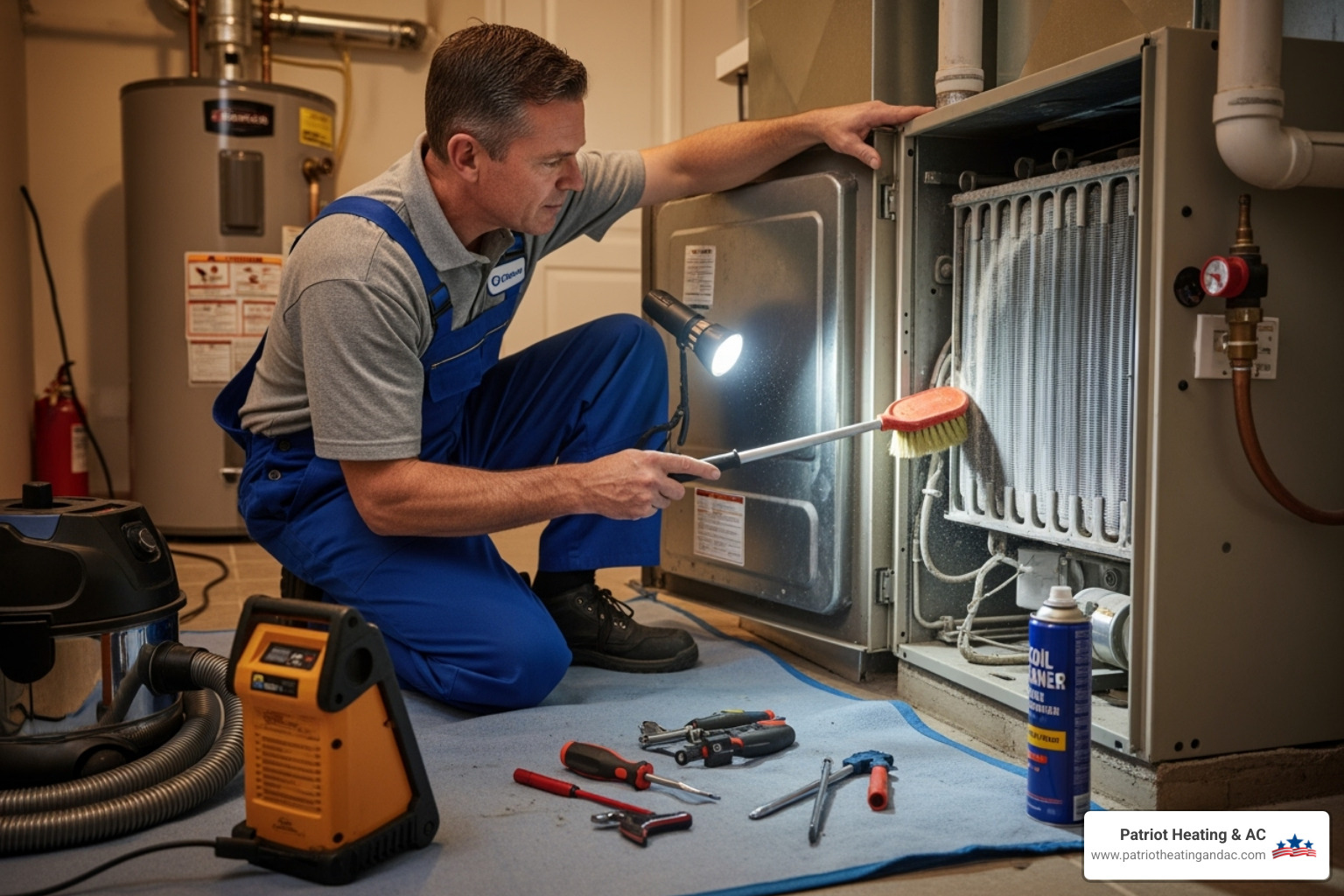 A technician professionally cleaning a furnace component - Furnace maintenance Leawood KS A technician professionally cleaning a furnace component - Furnace maintenance Leawood KS
