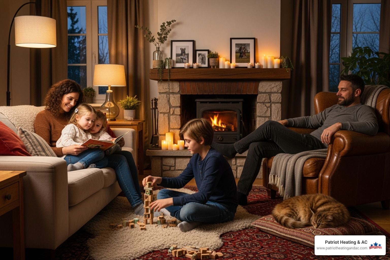 A family enjoying a warm and cozy home - Furnace maintenance Leawood KS A family enjoying a warm and cozy home - Furnace maintenance Leawood KS