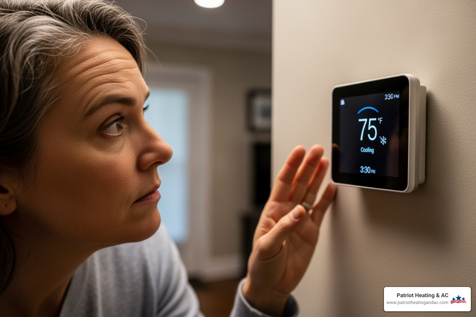 A homeowner looking quizzically at a thermostat - Furnace maintenance Leawood KS A homeowner looking quizzically at a thermostat - Furnace maintenance Leawood KS