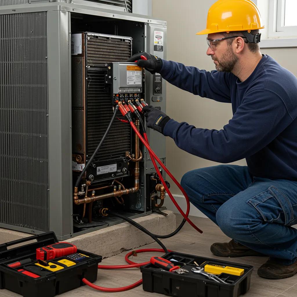 A skilled technician performing preventative HVAC maintenance in a home setting