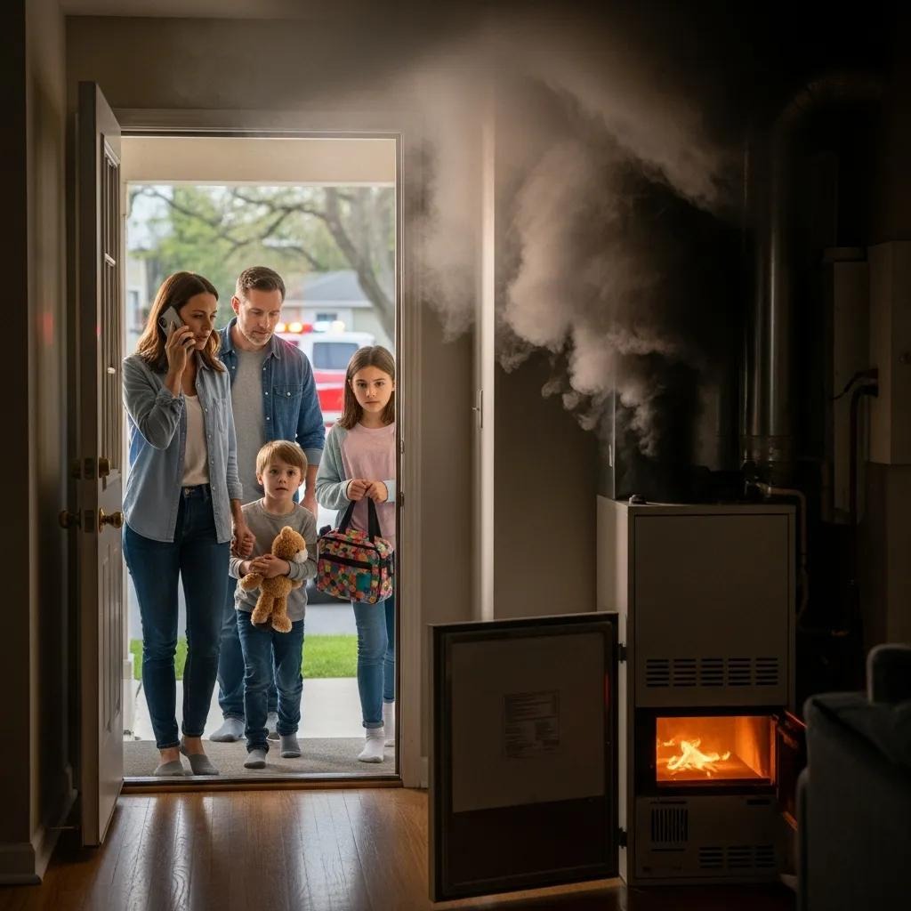 Family evacuating their home safely during a furnace emergency