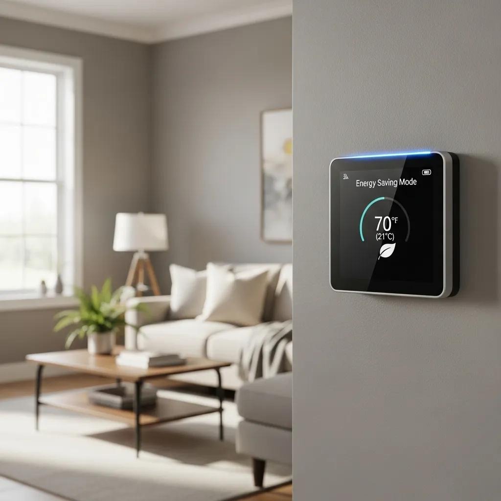 Smart thermostat on a living room wall demonstrating energy-saving features