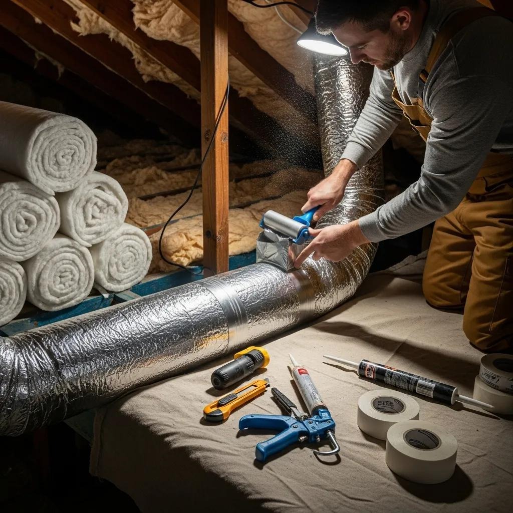 Technician sealing ductwork and installing insulation to improve HVAC efficiency