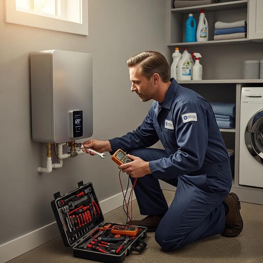 Technician from Patriot Heating & AC inspecting a modern water heater in a tidy utility room