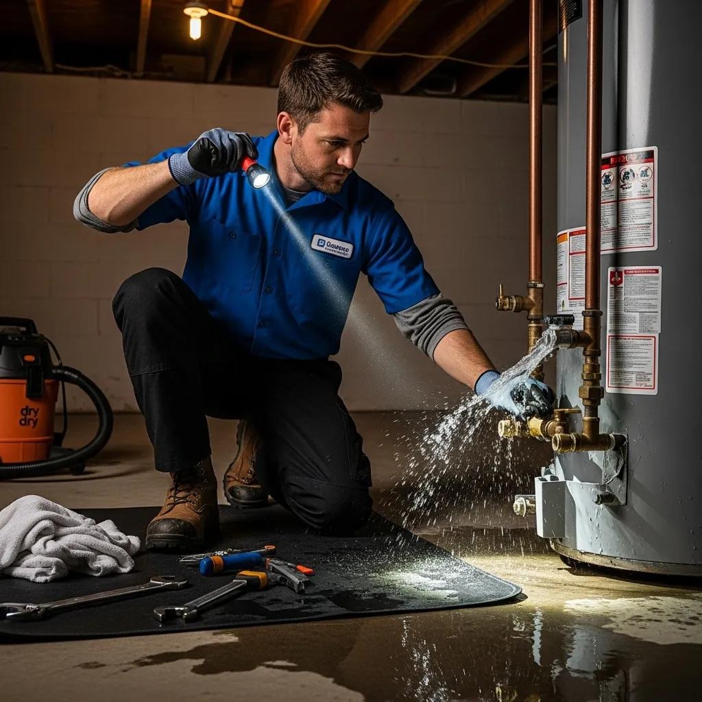 Patriot Heating & AC technician responding to an urgent water heater service call to restore hot water quickly