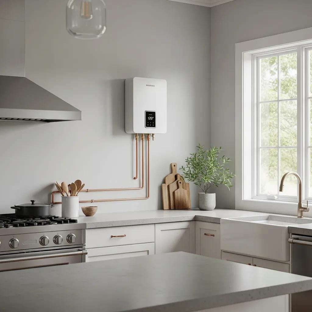 New tankless water heater professionally installed in a modern kitchen for improved energy efficiency