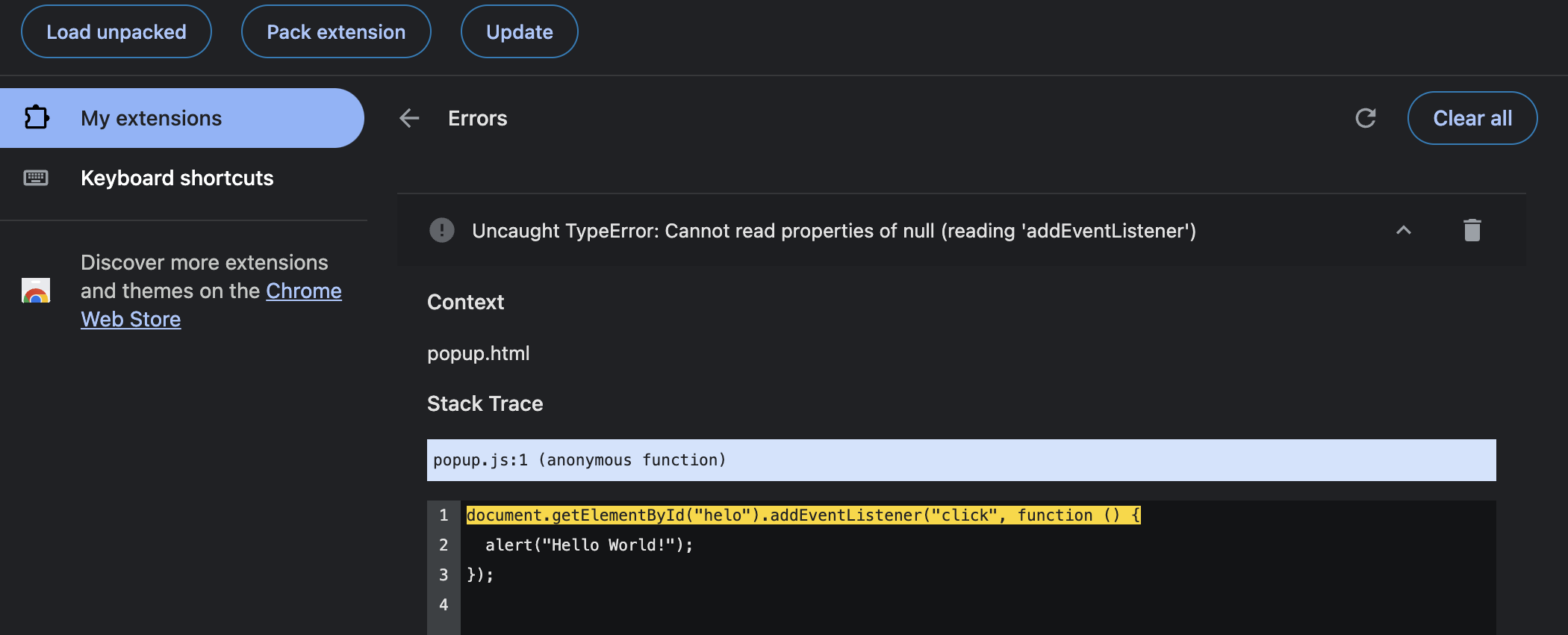 The view of the errors logs for the extension