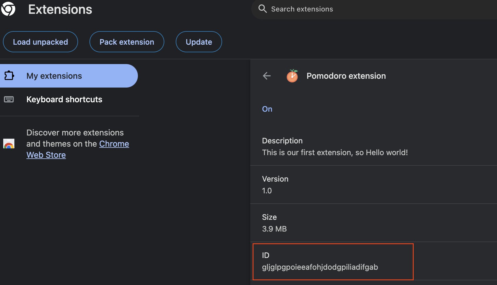 Chrome extension ID on Manage extension tab